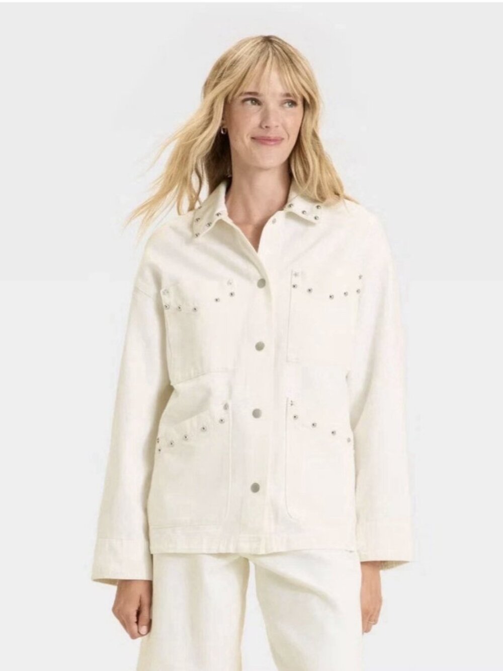 Universal Thread Studded Chore Full Snap White Denim Jacket -- Women's Large